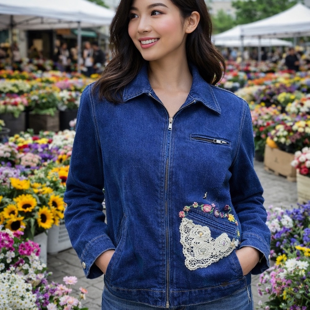 Zippered Denim Jacket with hand stitched silk ribbon embroidery